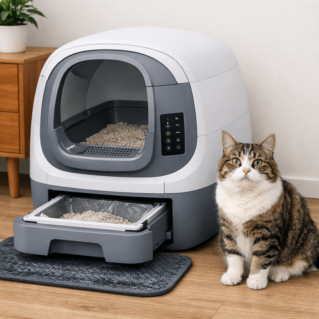 self cleaning litter tray with a cat sat beside it